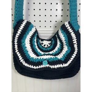 Large Hand‎ Made Crochet Purse Teal Black White